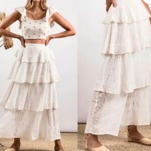 Revolve SUNDRESS Adria Eyelet Embroidered Tiered Ruffle Georgette Maxi Skirt Sml